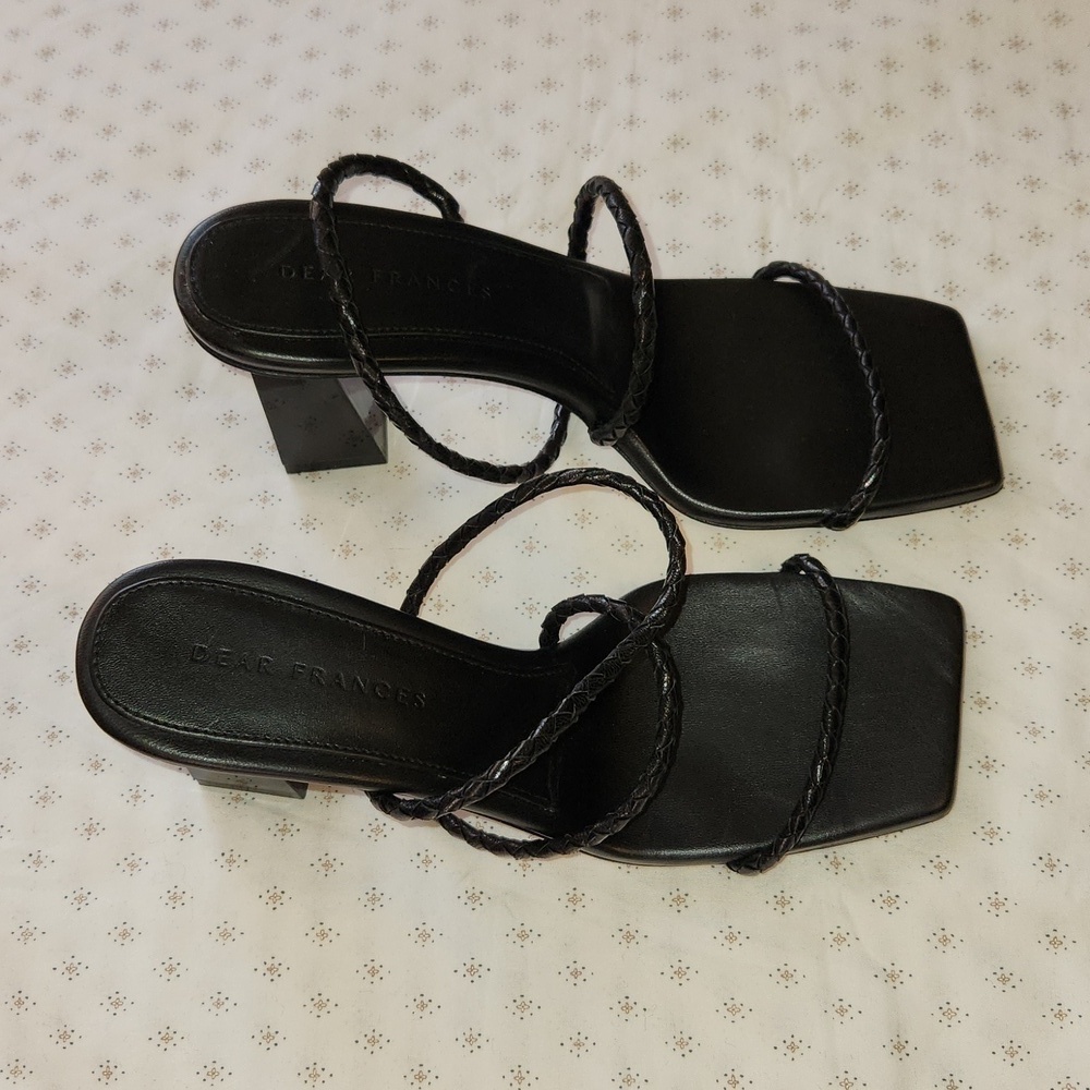 Dear Frances Rohe, black leather  heeled braided strap sandals sz 38